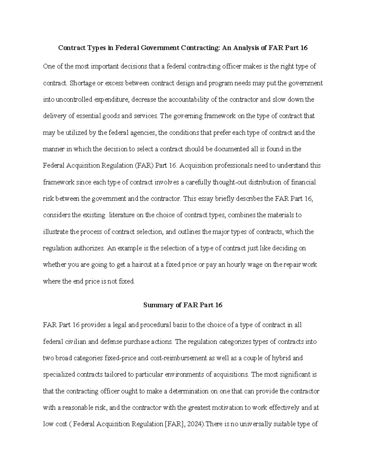 Contract Types in Federal Government Contracting: An Analysis of FAR ...