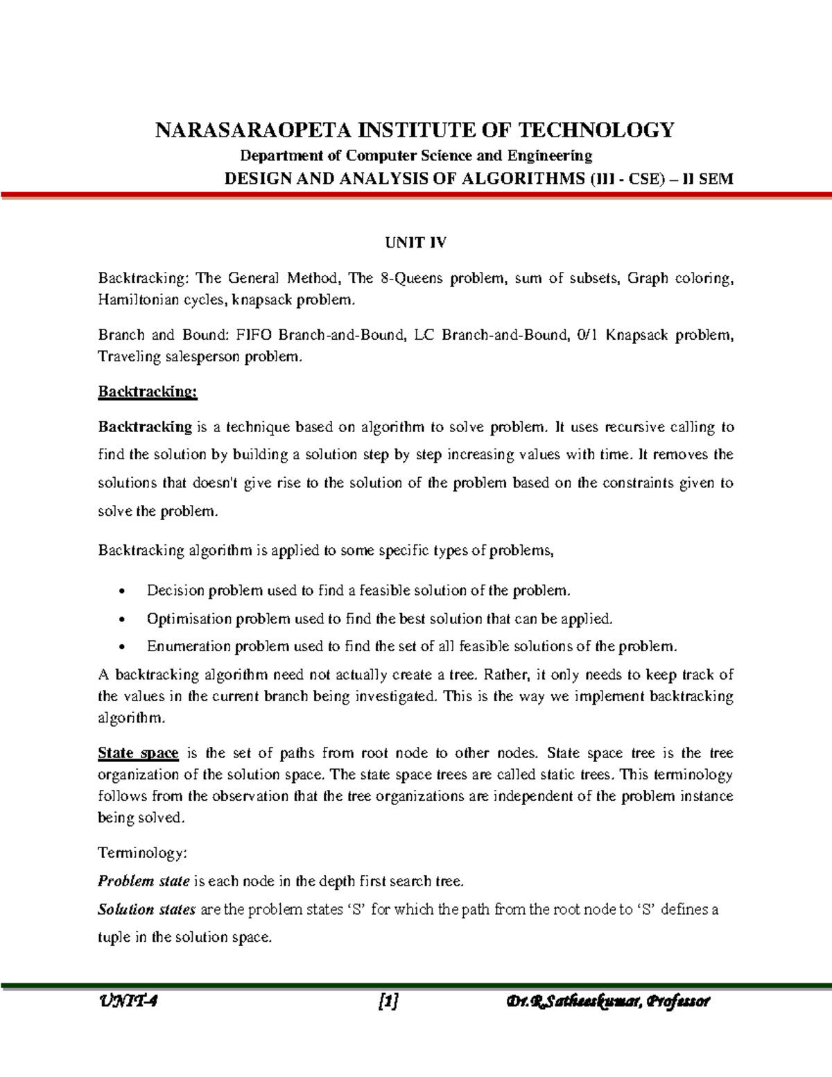 DAA III-CSE II SEM UNIT 4: Backtracking & Branch and Bound Techniques ...