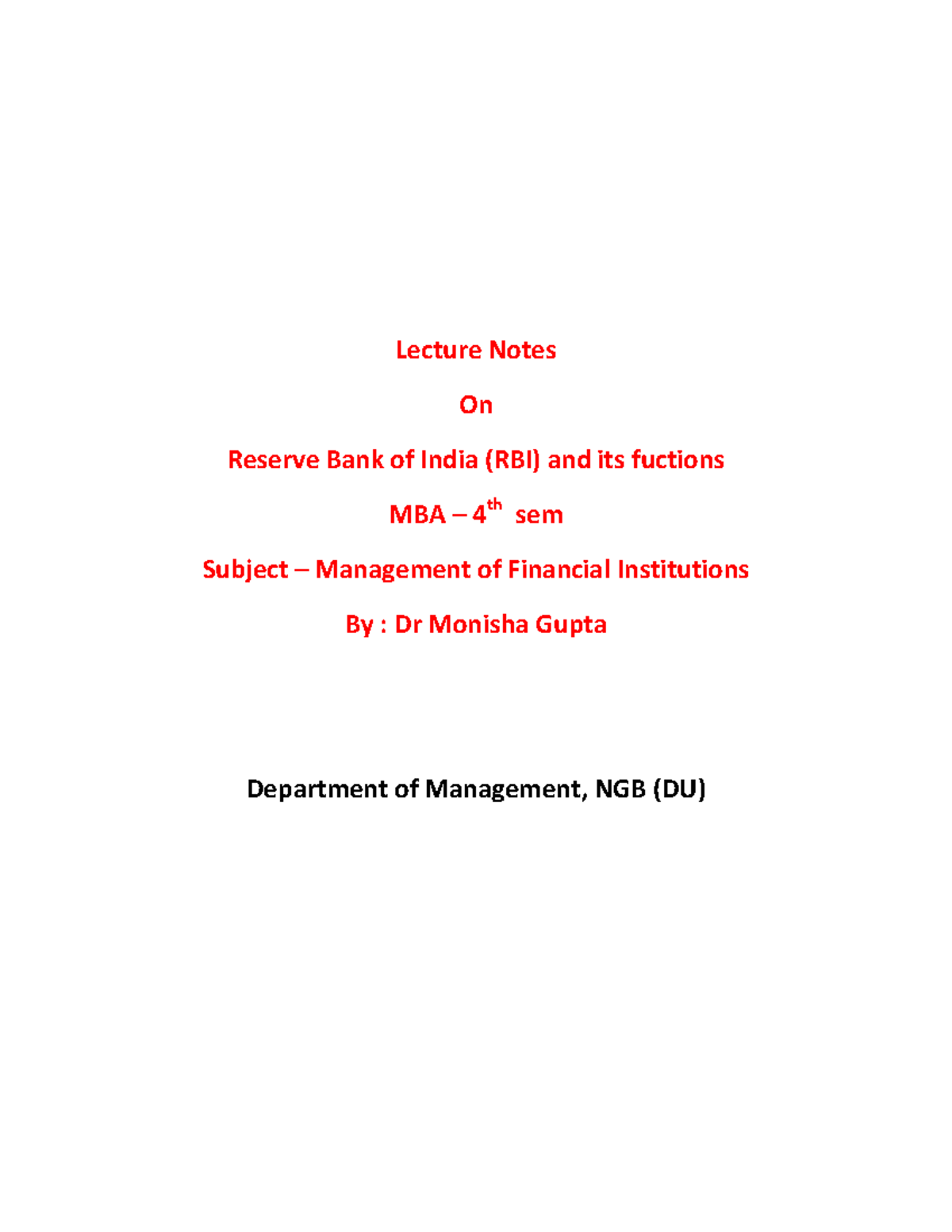 RBI Functions and Roles: Lecture 2 - MBA 4th Sem Notes - Studocu