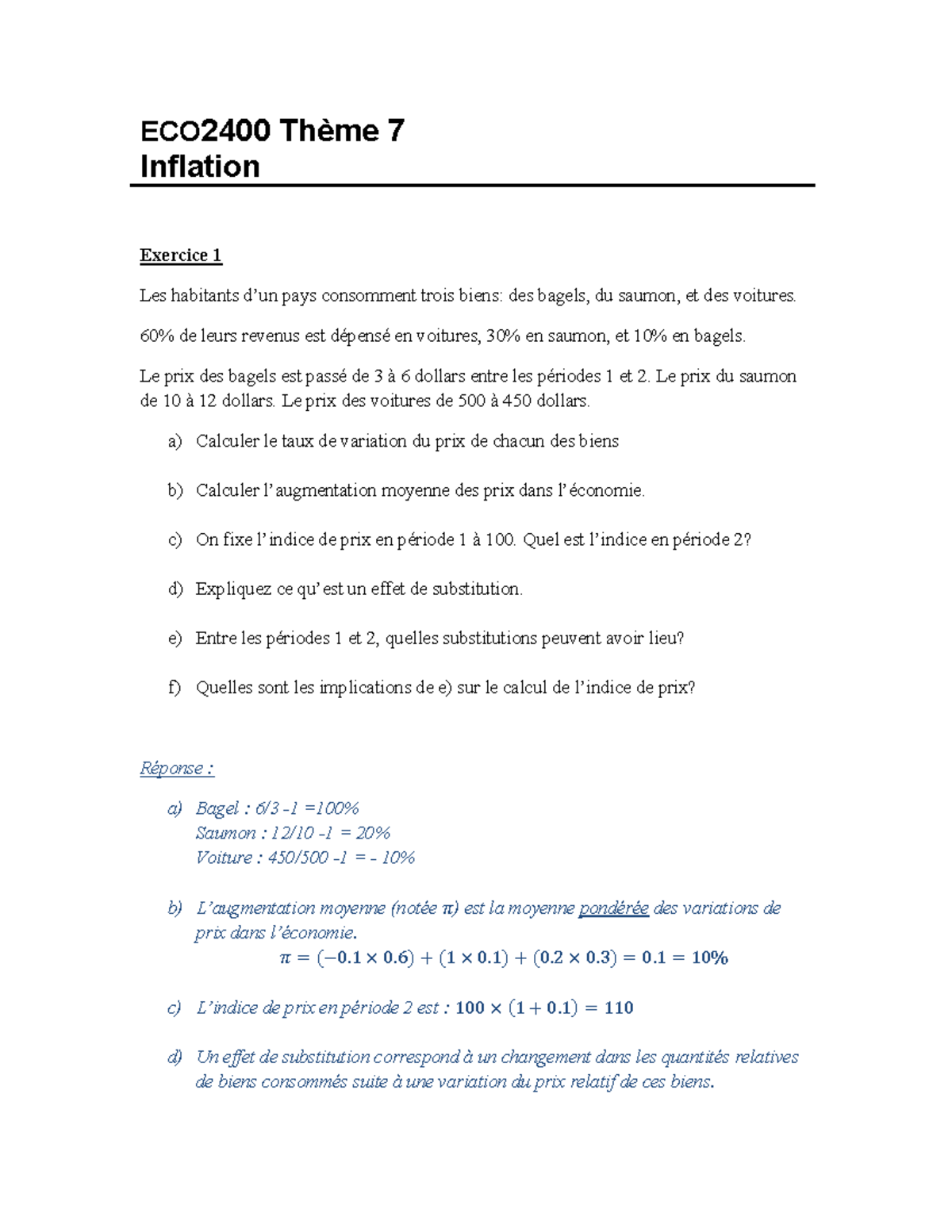 ECO2400 Thème 7 - Corrigé sur l'Inflation et Évaluations Exercice - Studocu