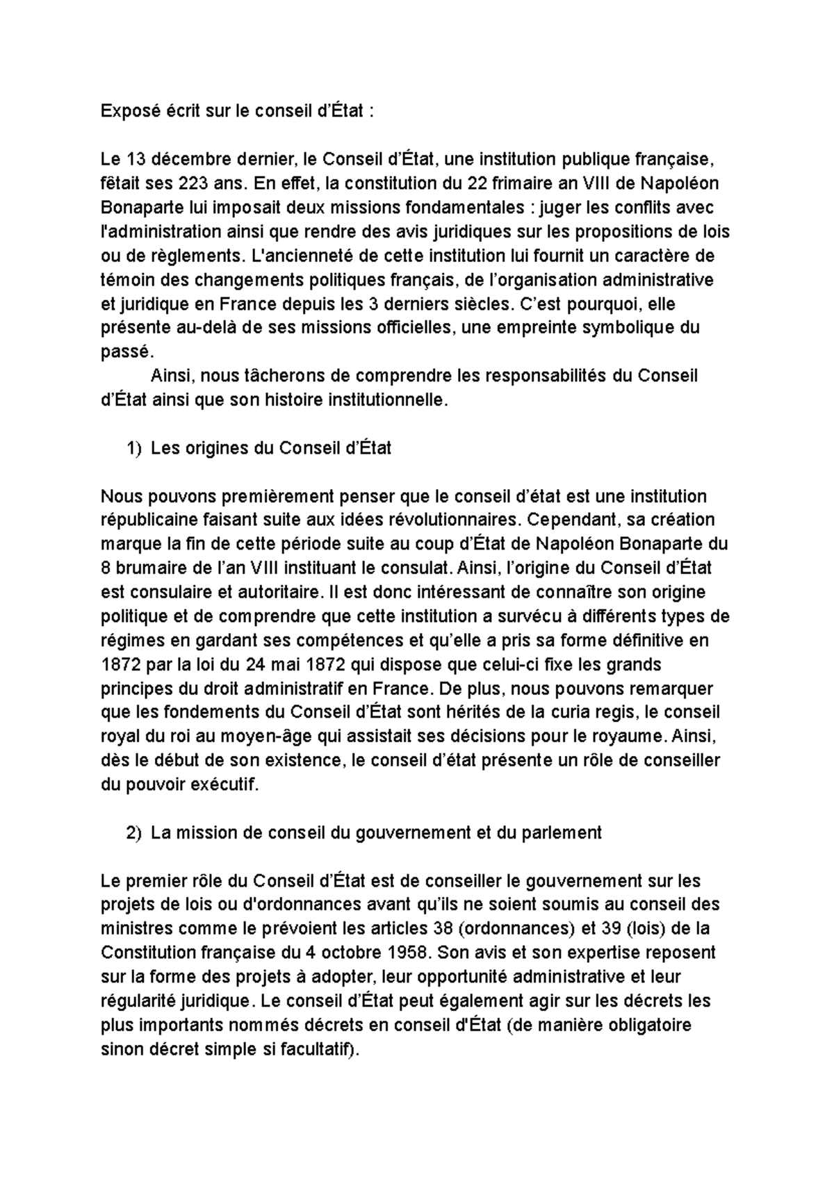 Exposé sur le Conseil d’État : Missions et Histoire Institutionnelle ...