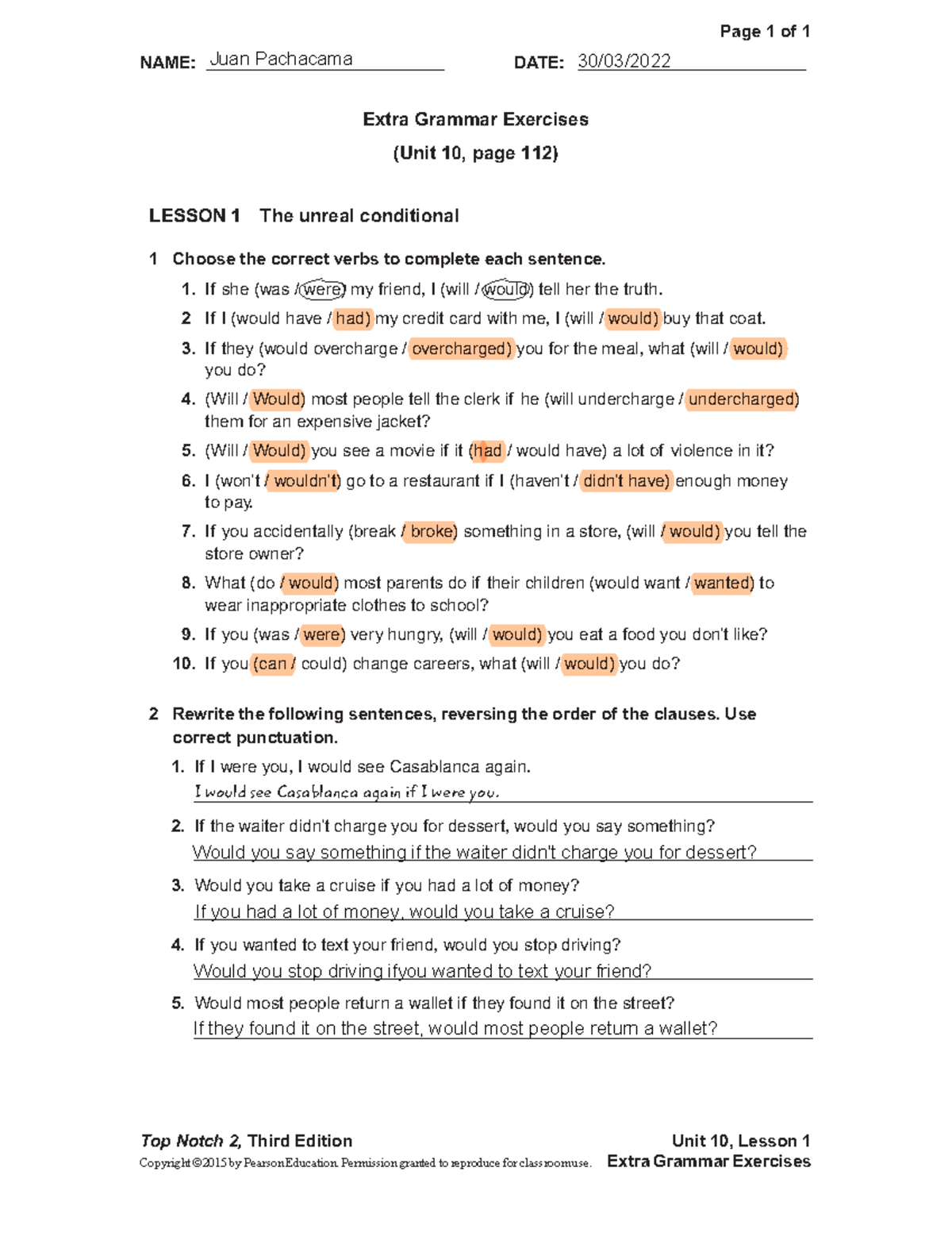 Unit 10 Extra Grammar Exercises 30Marzo 2022 Pachacama Juan - NAME