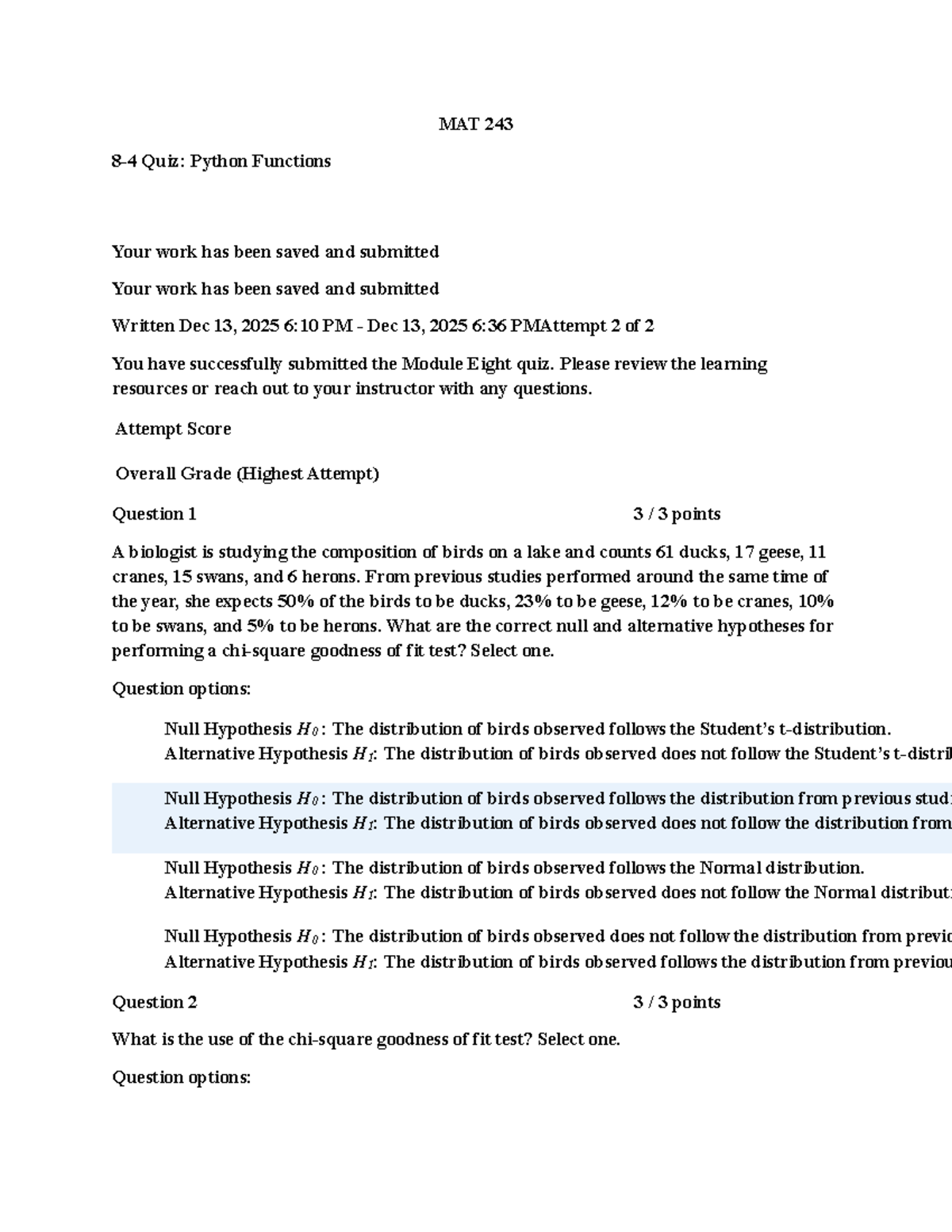 MAT 243 Quiz: Goodness of Fit Tests with Python Functions - Studocu