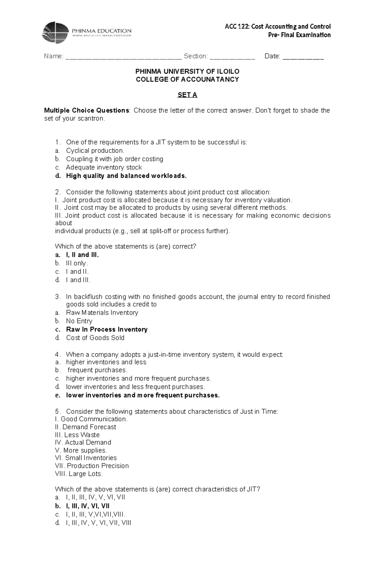 ACC 122: Cost Accounting and Control Final Exam Review - SET A - Studocu