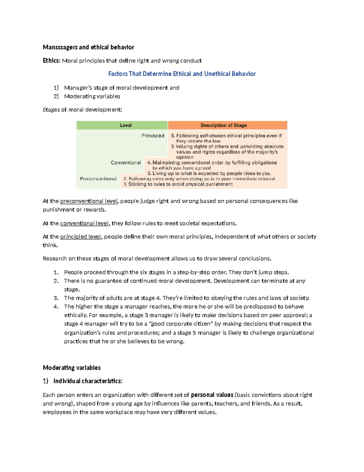 Principles of Management MGT101: Chapter 2 - Ethical Behavior Insights ...