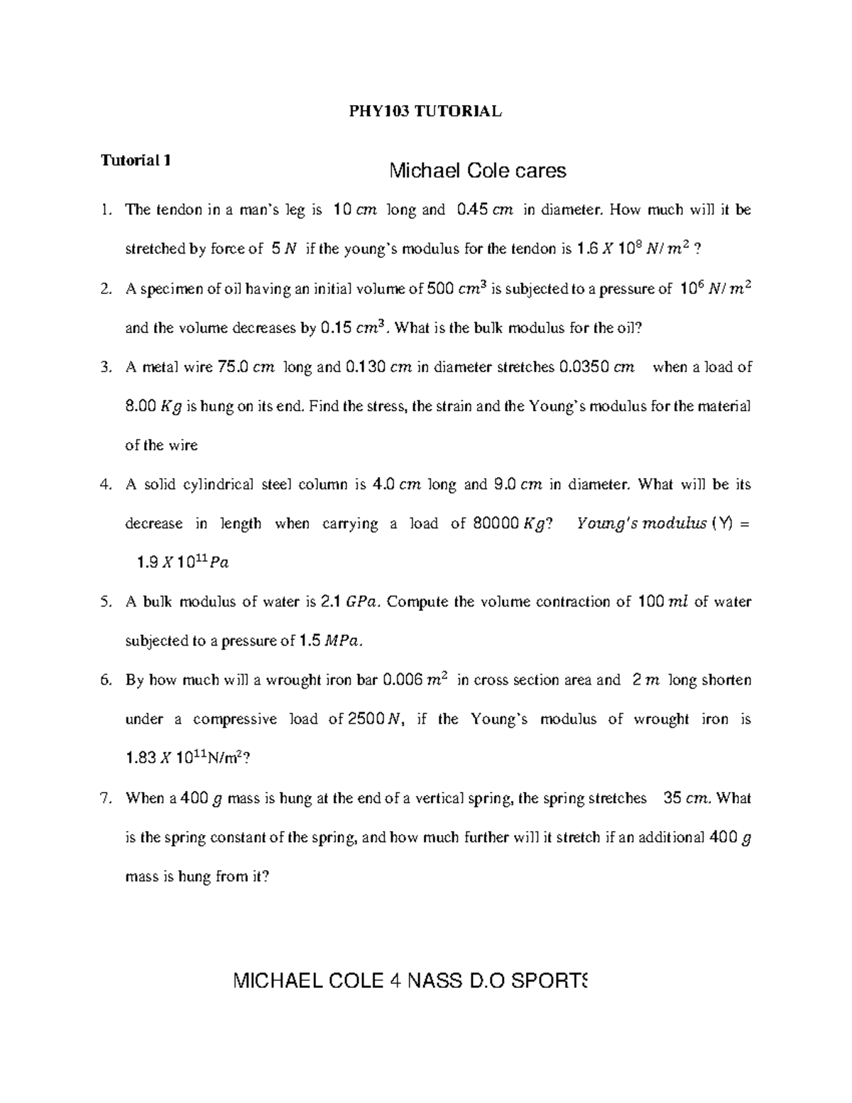 PHY103 TUTORIAL Past Questions and Solutions by Michael Cole - Studocu