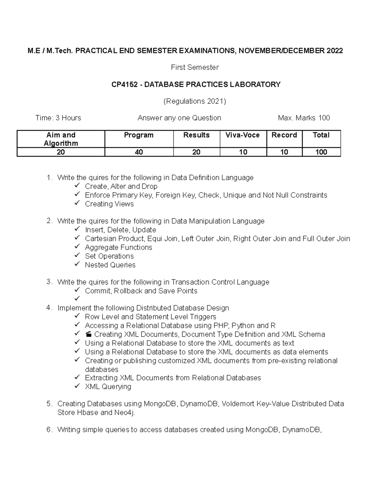 Database LAB ME - DBMS lab - M / M. PRACTICAL END SEMESTER EXAMINATIONS ...