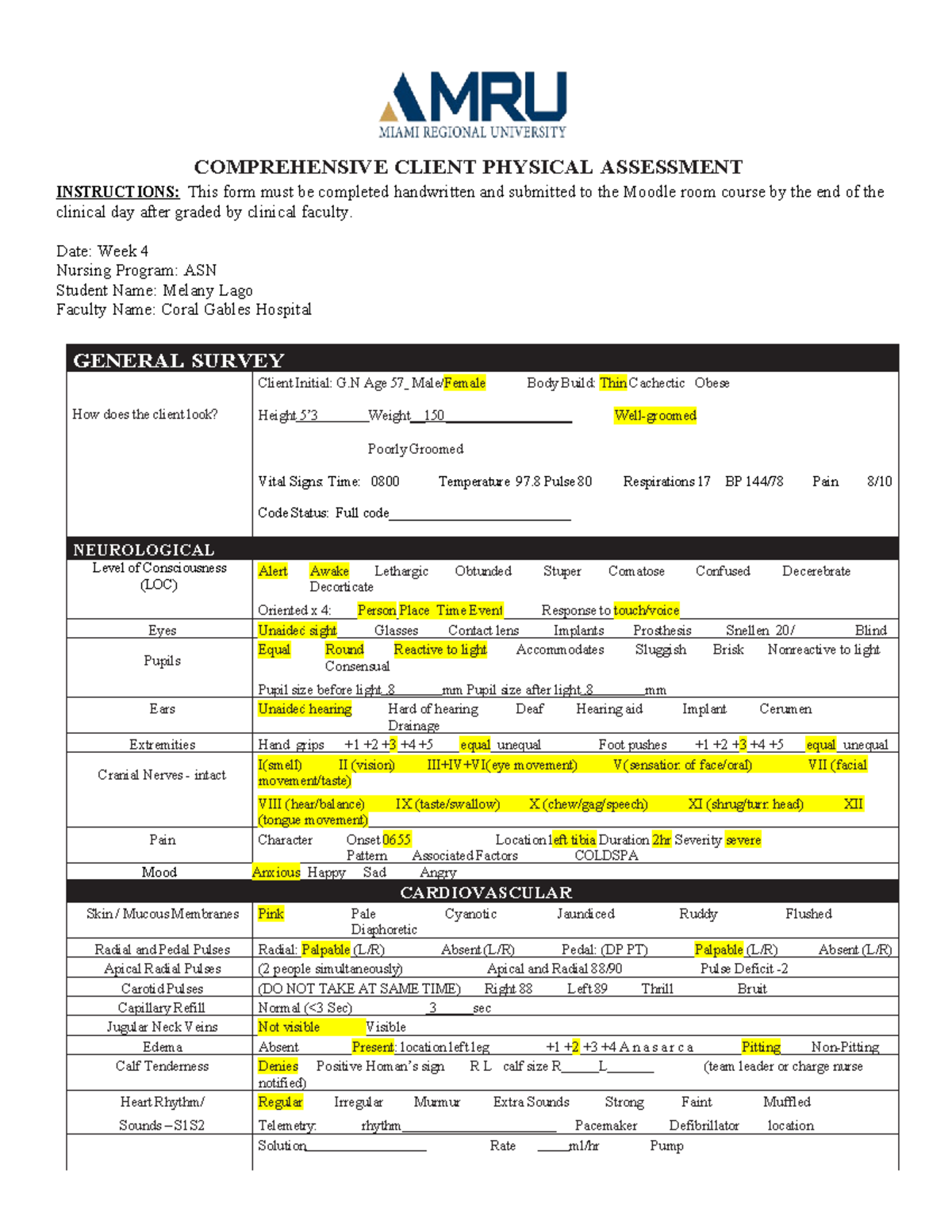 4MRU Comprehensive Health Assessment Form - Week 4 Clinical Notes - Studocu