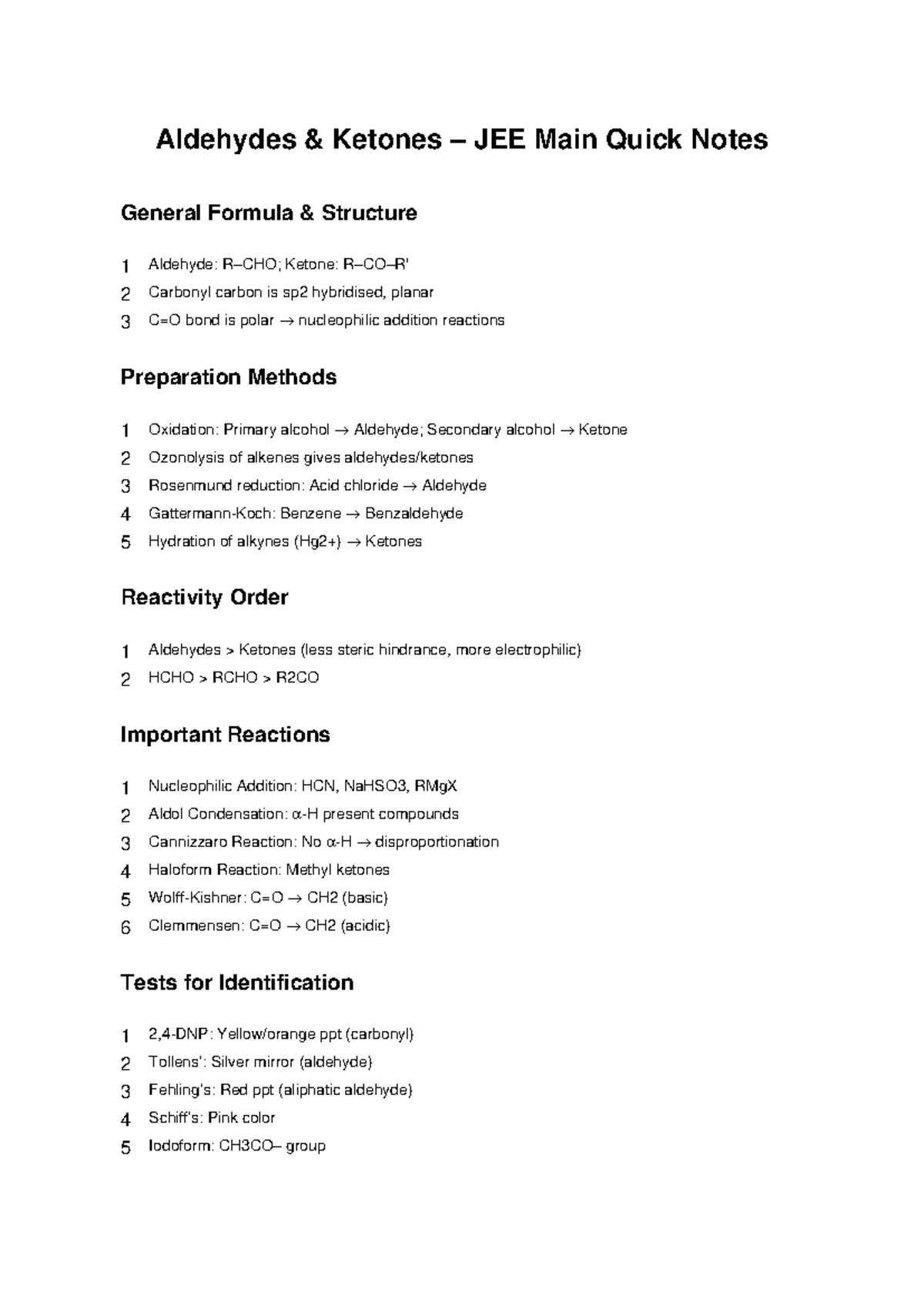 Aldehydes & Ketones JEE Main Quick Study Notes on Reactions ...