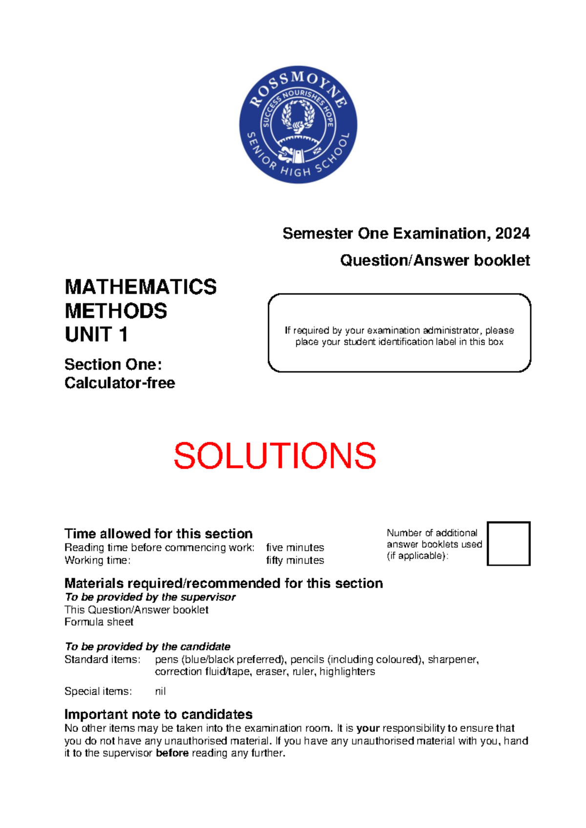 Methods 11 Semester 1 2024 Calculator-Free Exam Solutions - Studocu