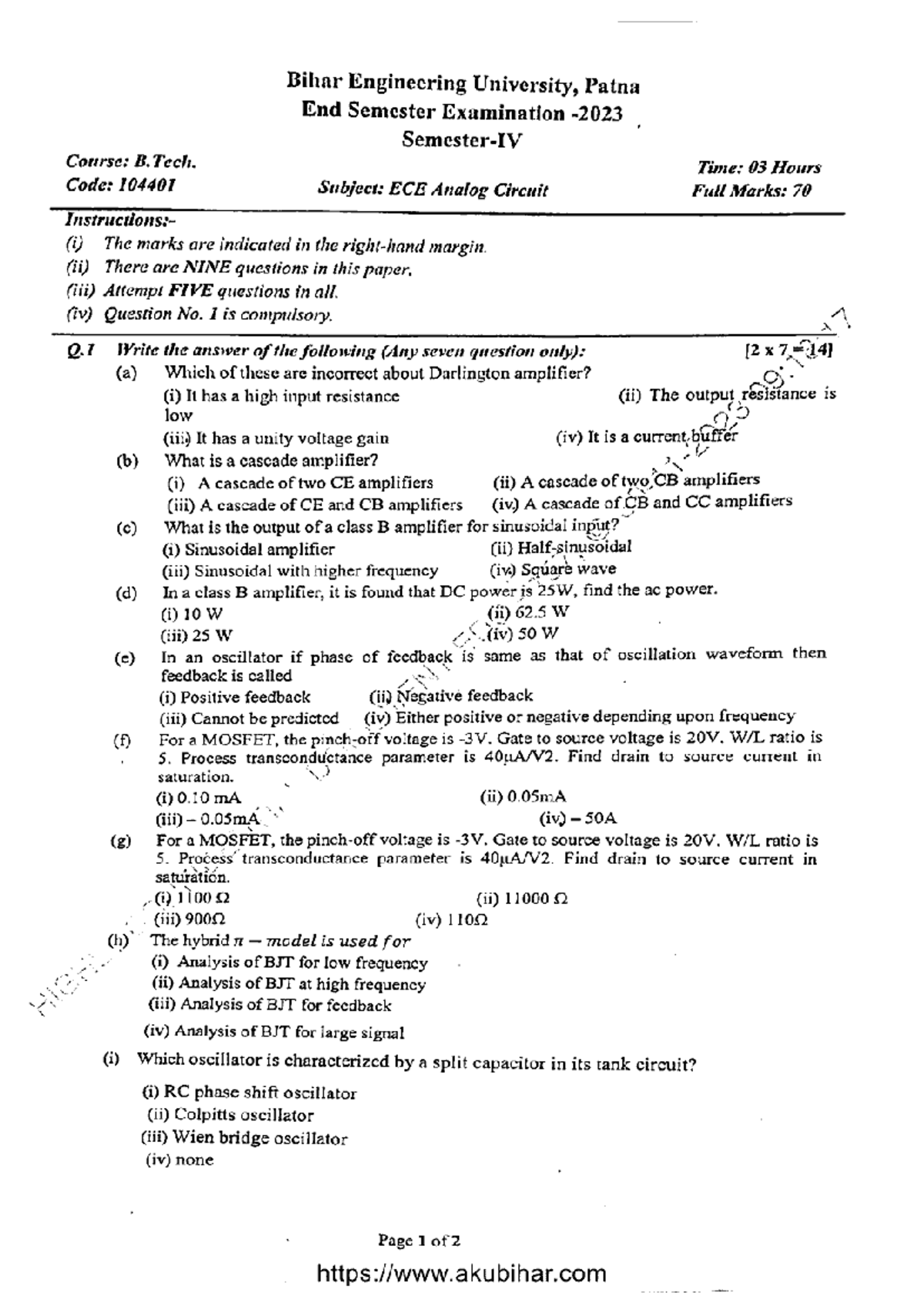 B. Tech ECE 4th Sem Analog Circuit Exam Paper 104401 - 2023 - Studocu