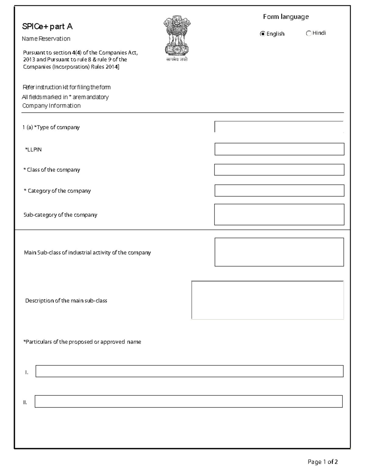 SPICe+ Part A - ...... - English Hindi Name Reservation Form language ...