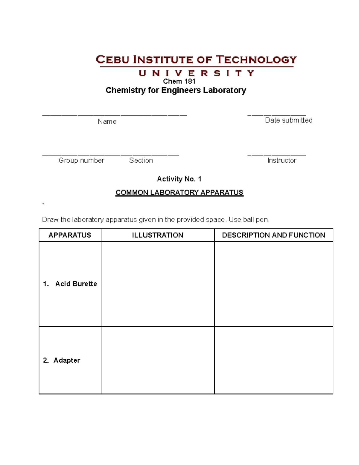 Chem 181: Activity No. 1 - Laboratory Apparatus Overview - Studocu