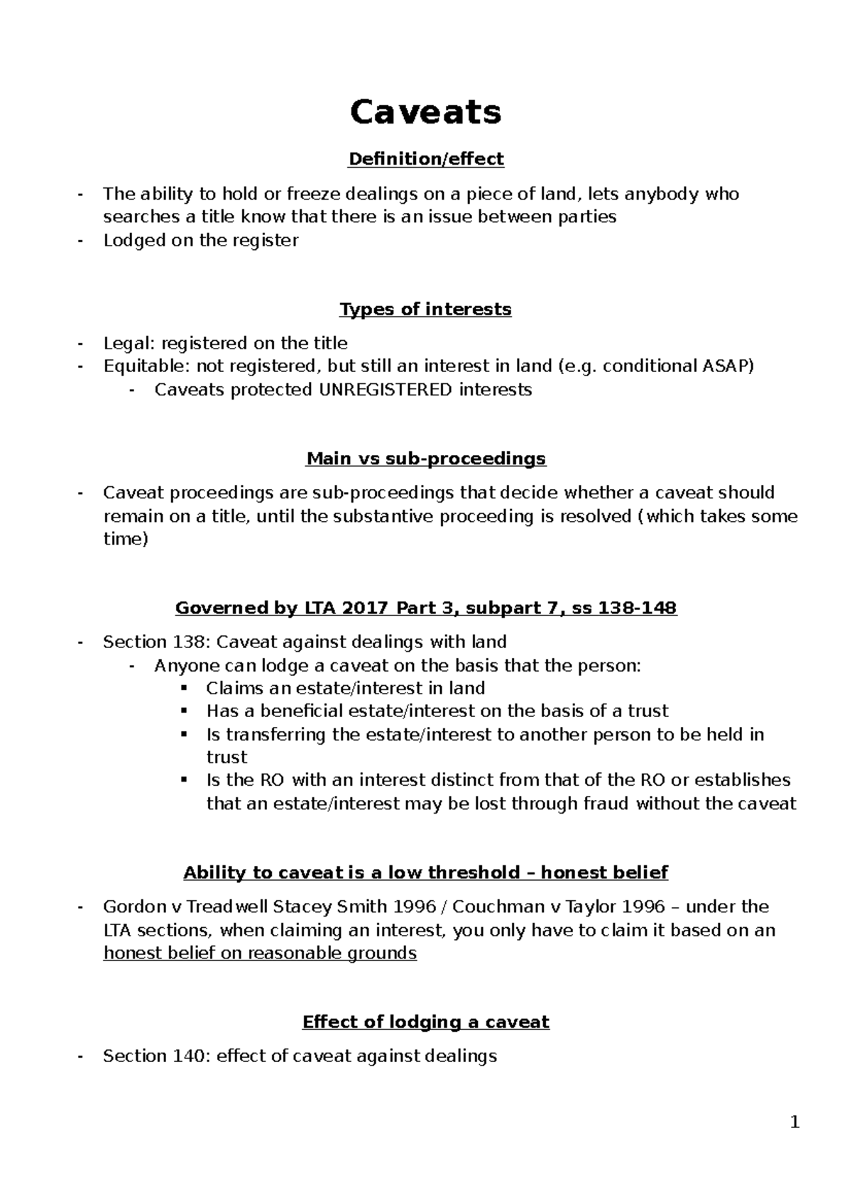 Caveats and Interests in Land: 205 Mid-Year Exam Notes - Studocu