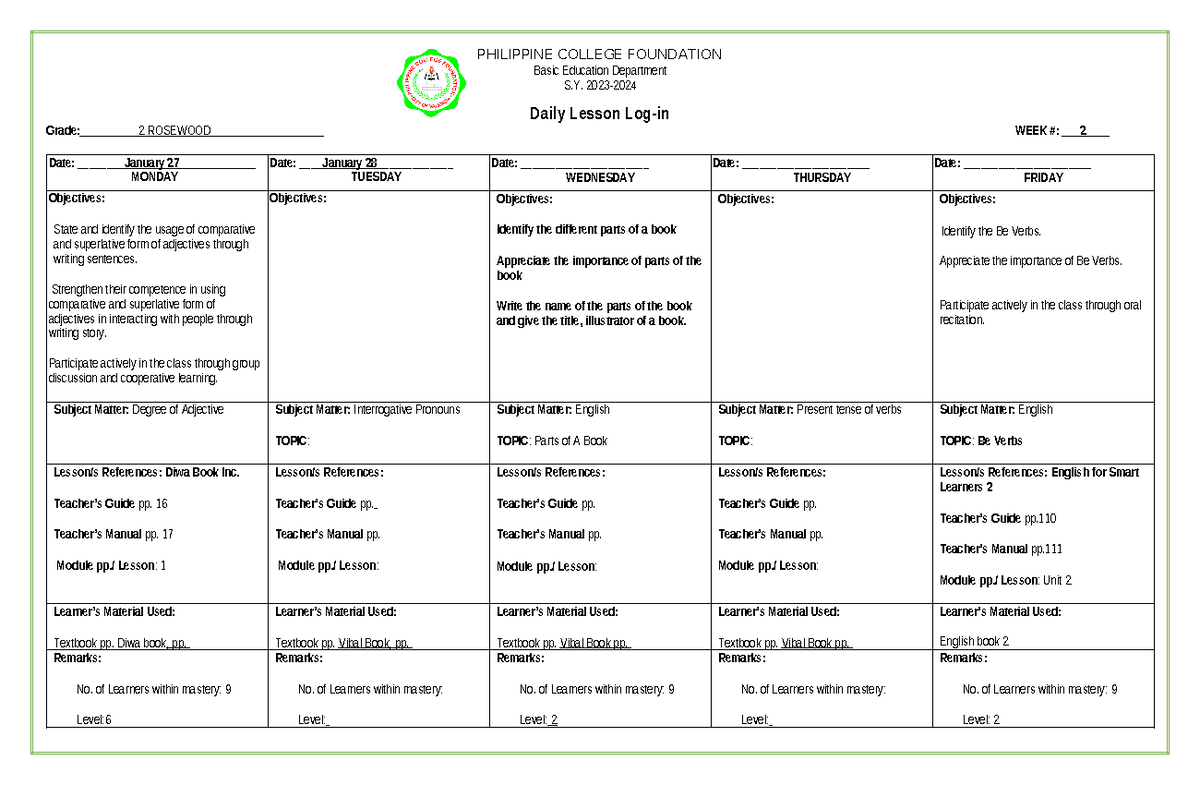 DLL- English Grade 2: Weekly Lesson Log for January 27-31 - Studocu