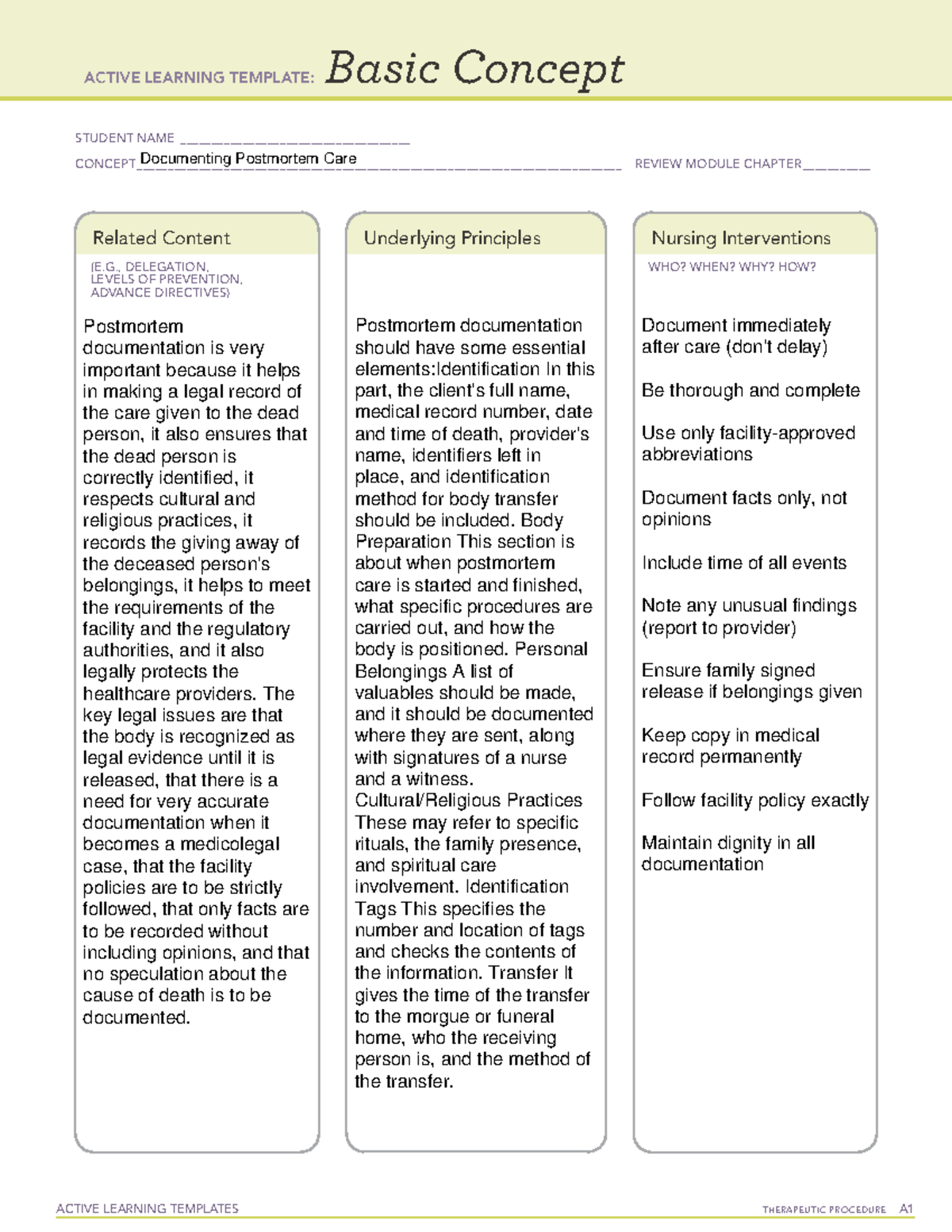 FR27: Active Learning Template for Postmortem Care Documentation - Studocu