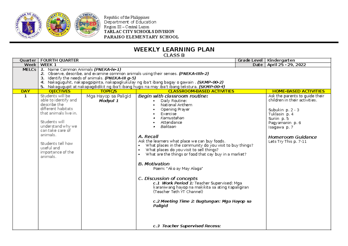 Week 1 Learning Plan (WLP) for Grade 4 - Q4 by Mam Teth - Studocu