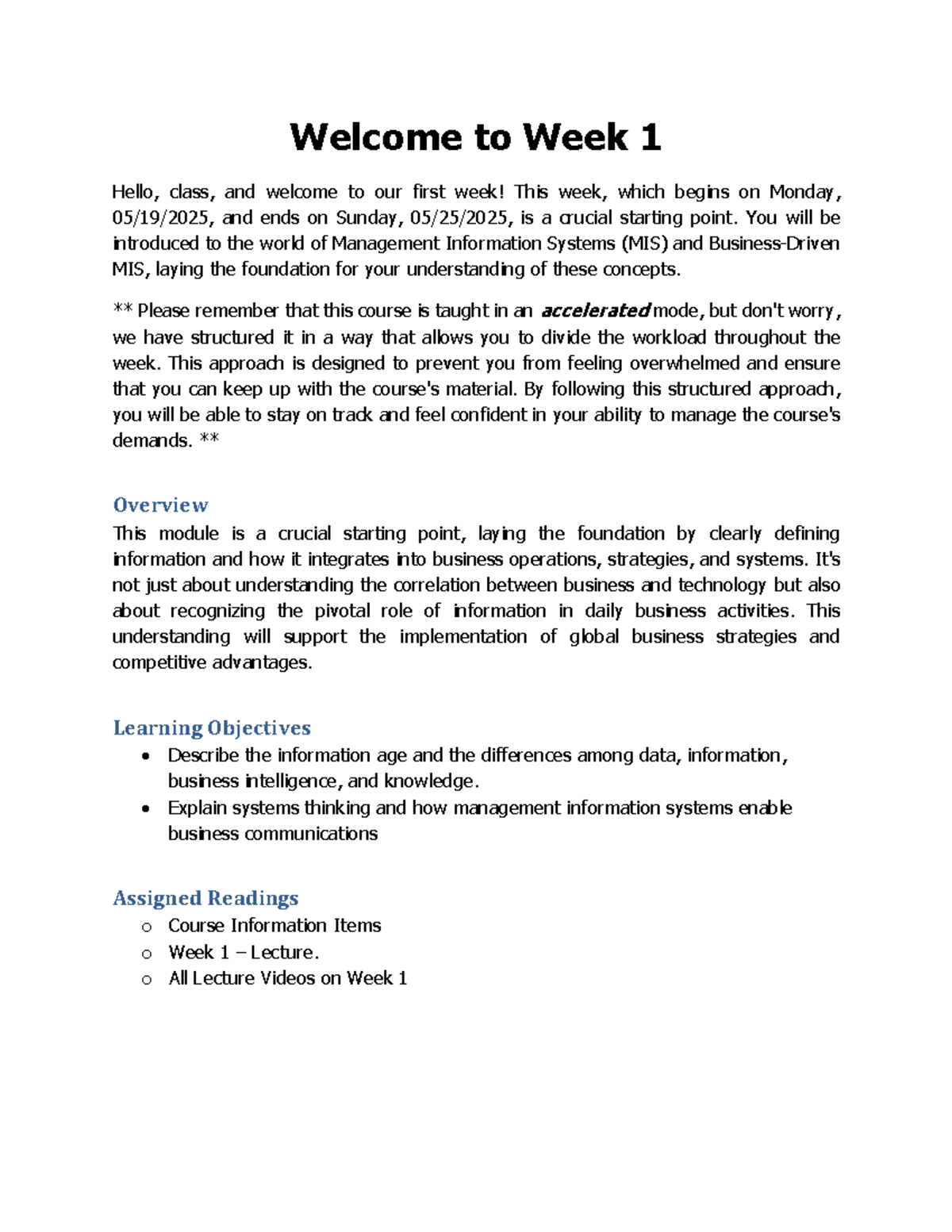 Week 1 Lecture: Intro to Management Information Systems (MIS) Overview ...