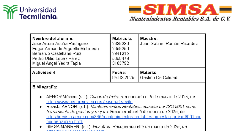 Actividad 4: Gestión de Calidad y Certificación ISO 9001 - Studocu