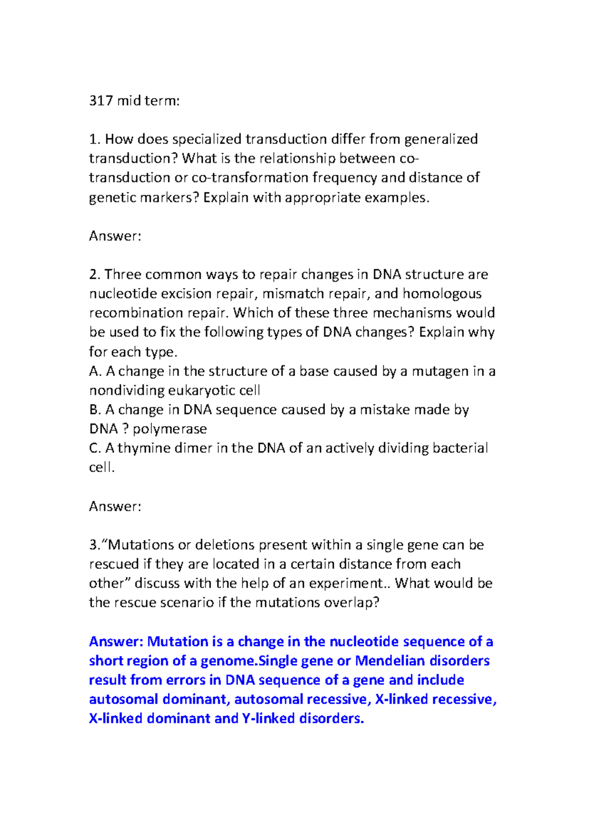 317 Midterm 1 - Practice Work on DNA Mutations and Repairs - Studocu