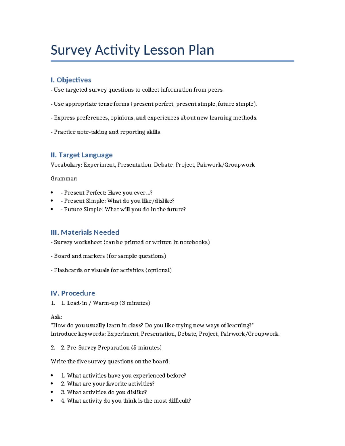 Survey Activity Lesson Plan I: Engaging Peers in Learning Methods - Studocu