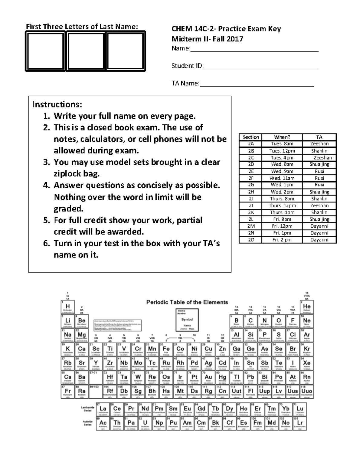 CHEM 101 Midterm 2 Practice Exam Key - Fall 2017 - Studocu