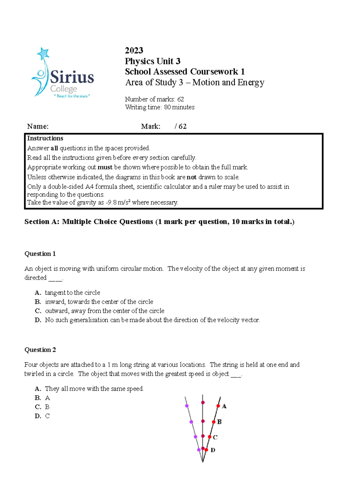 2023 Physics Unit 3 SAC 1: Motion and Energy Assessment - Studocu