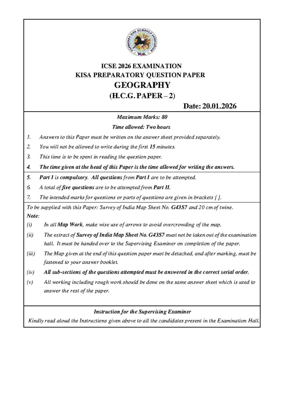 ICSE 2026 Final Exam KISA Geography Question Paper (H.C.G. Paper 2 ...