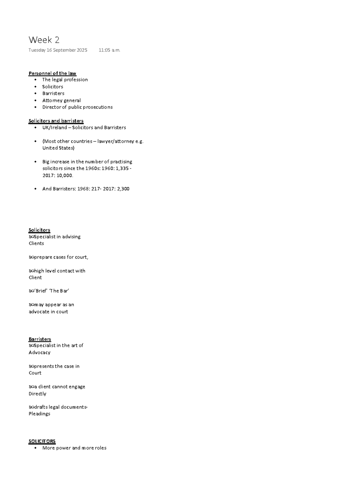 Week 2 Lecture Notes: Personnel of the Law and Legal Professions - Studocu
