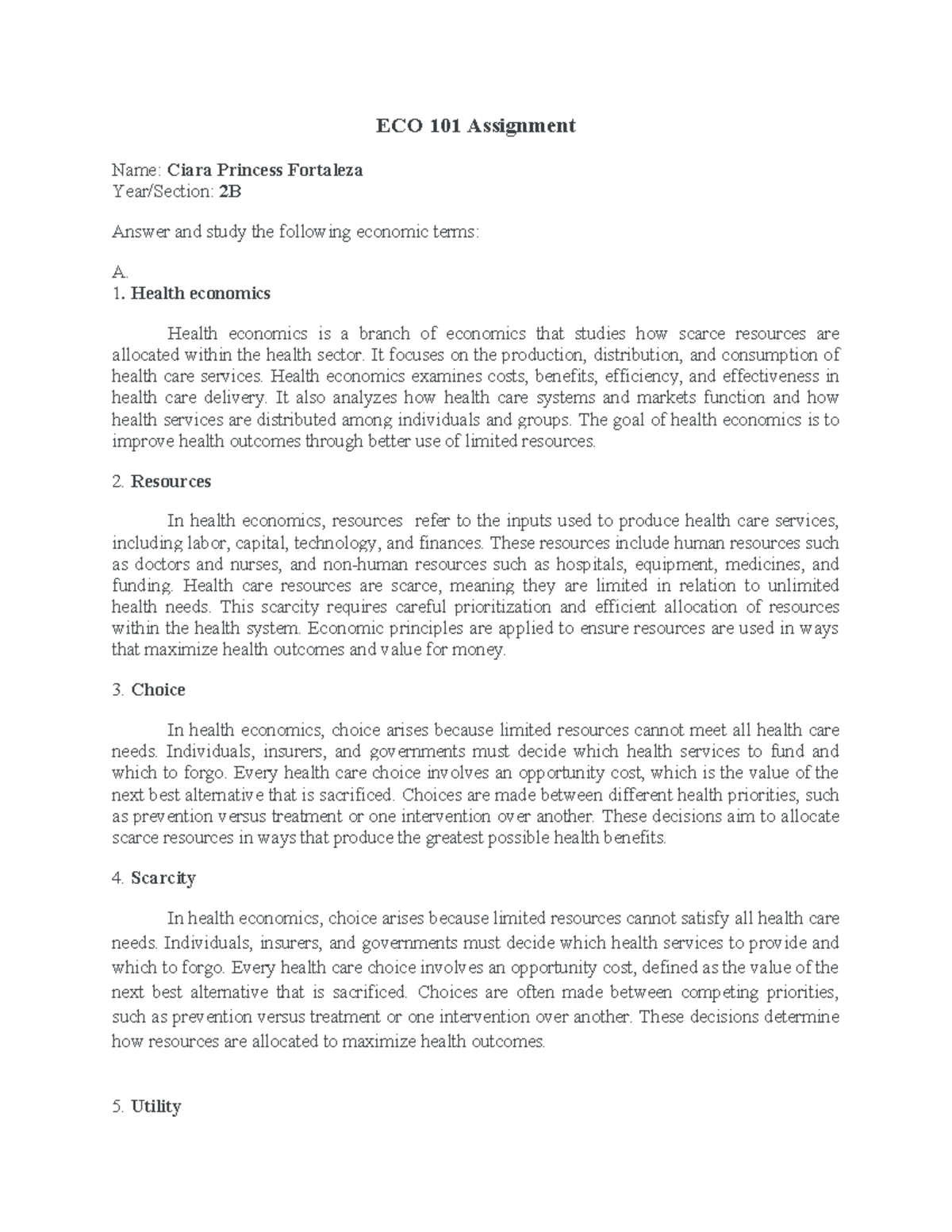 ECO 101 Assignment: Key Concepts in Health Economics and Divisions ...