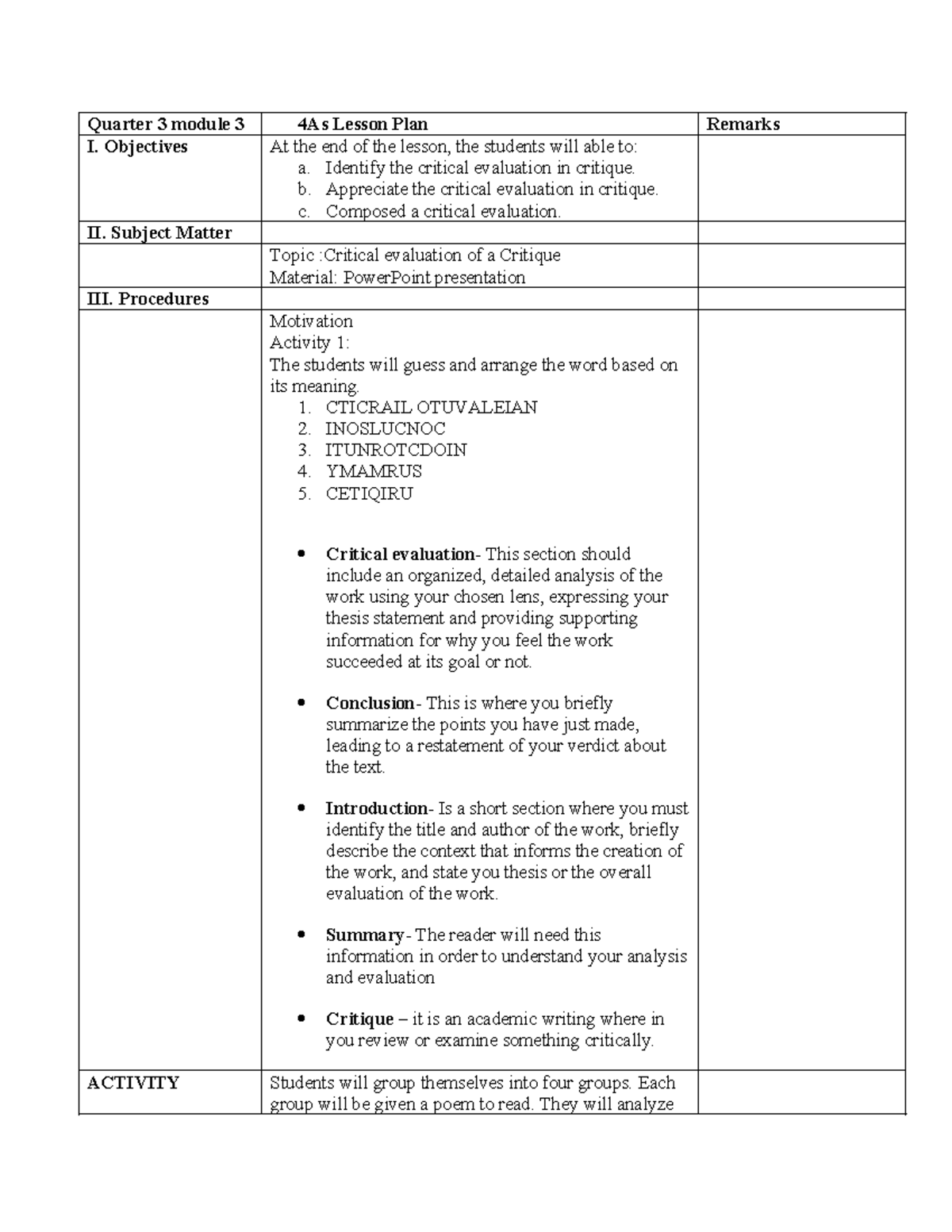Q3 M3: Critical Evaluation Lesson Plan and Activities - Studocu