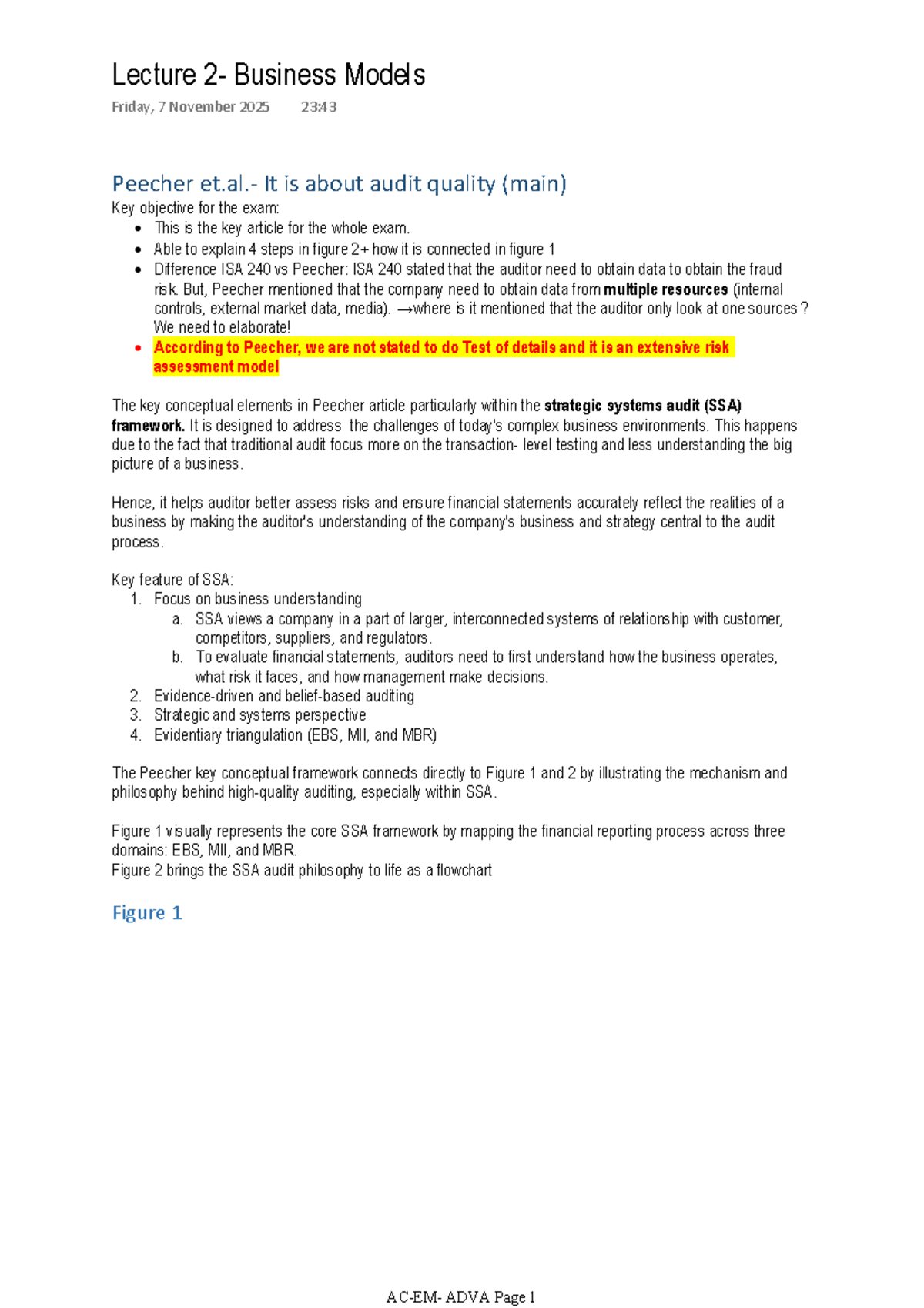 Lecture 2: Business Models and Audit Quality Insights (ADVA) - Studeersnel