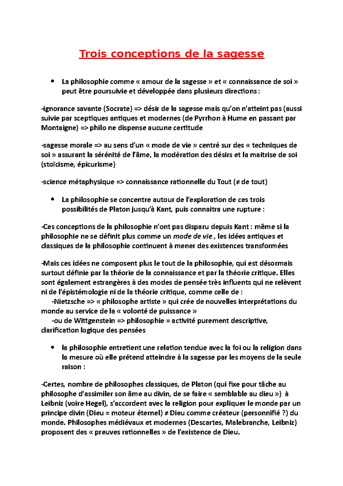 Trois Conceptions de la Sagesse - Résumé et Analyse Philosophique - Studocu