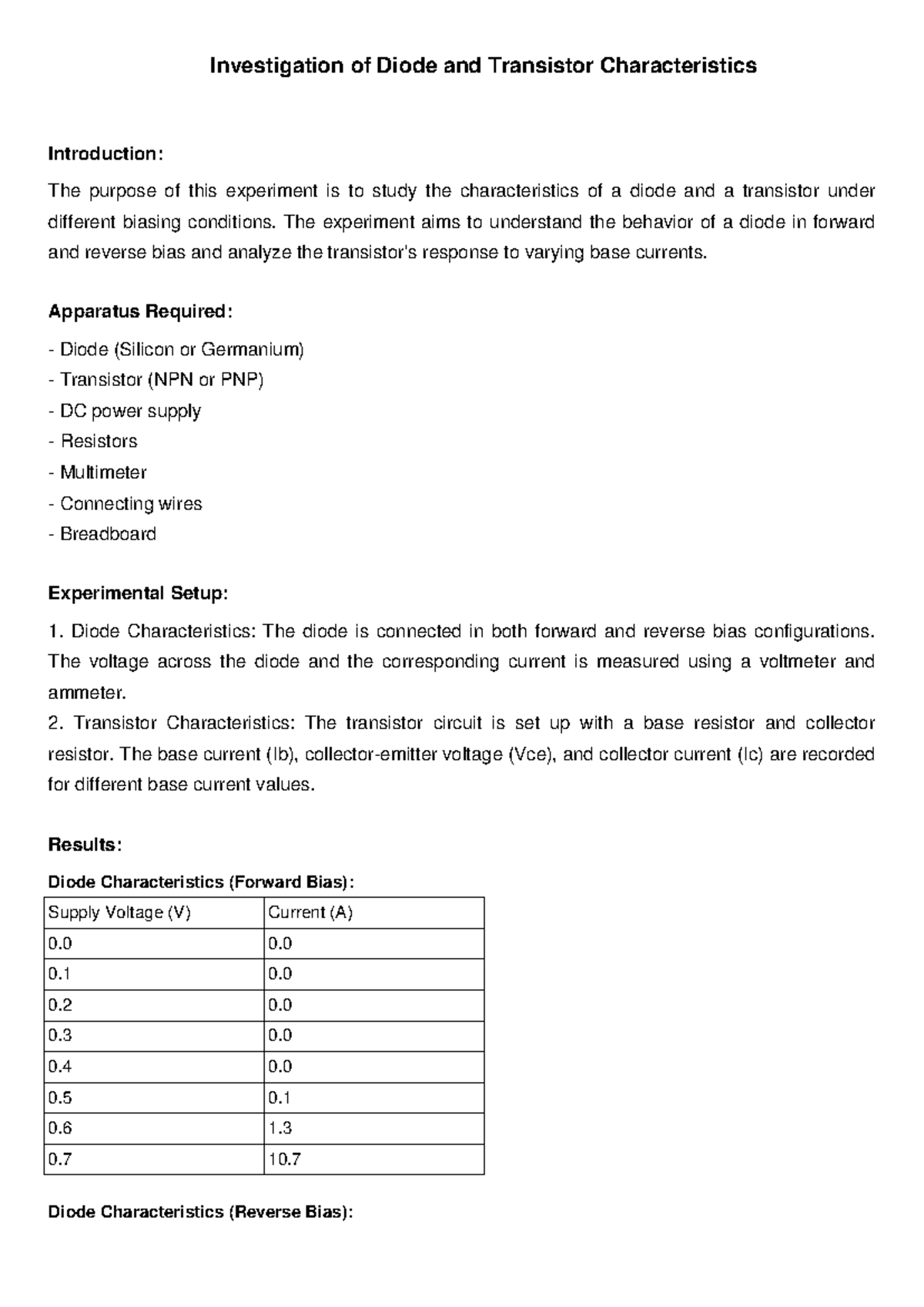 Computer Electronics Lab Report: Diode & Transistor Characteristics ...