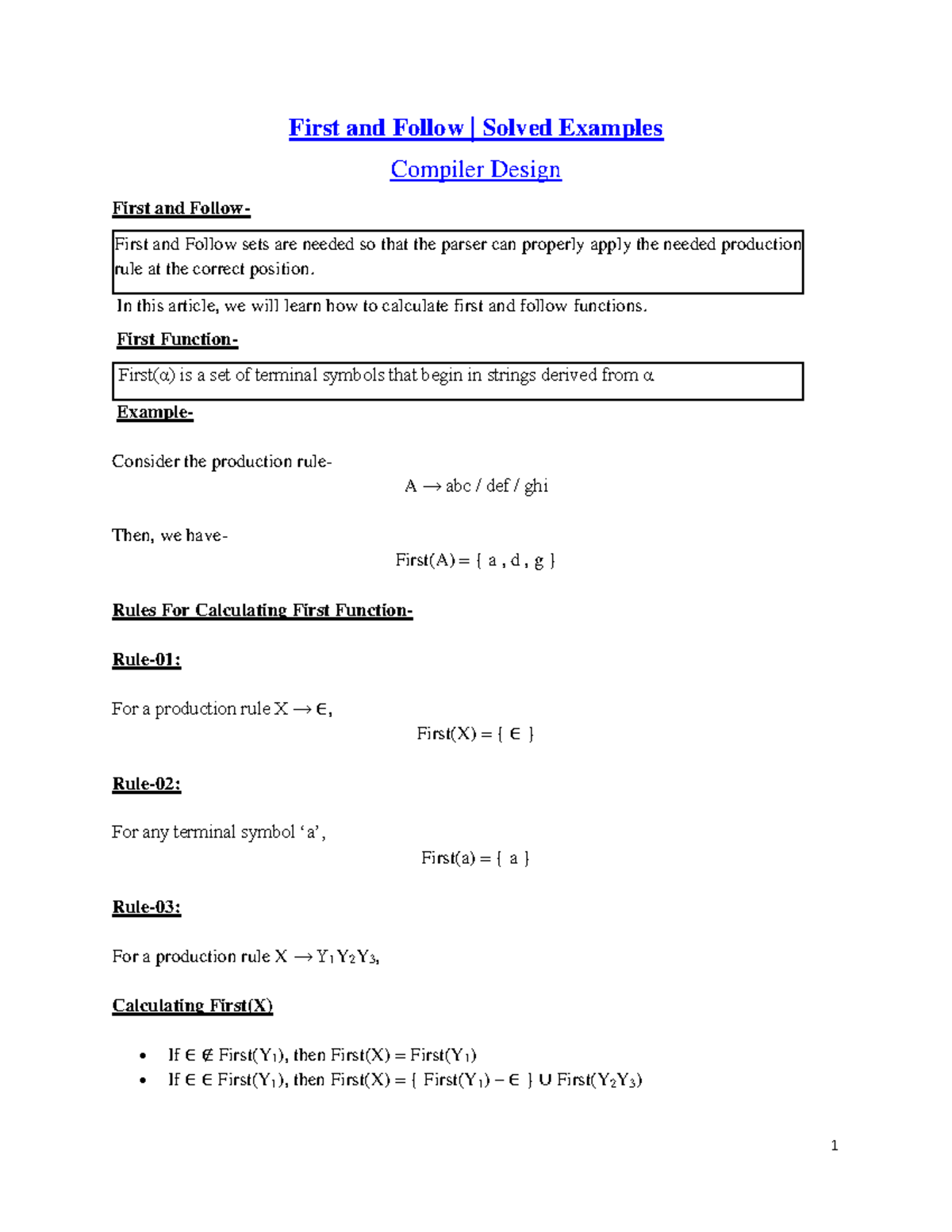 First and Follow Sets: Solved Examples in Compiler Design - Studocu