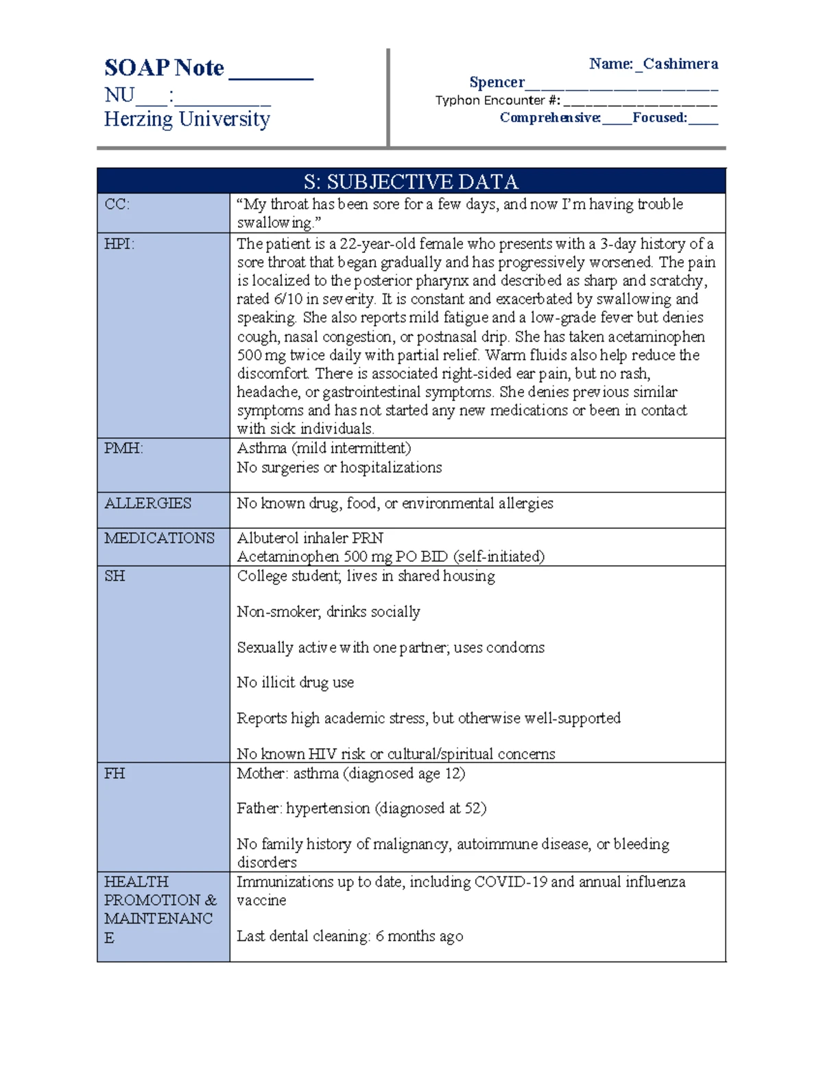 SOAP Note: Annual Wellness Exam for Cashimera Typhon - Herzing ...