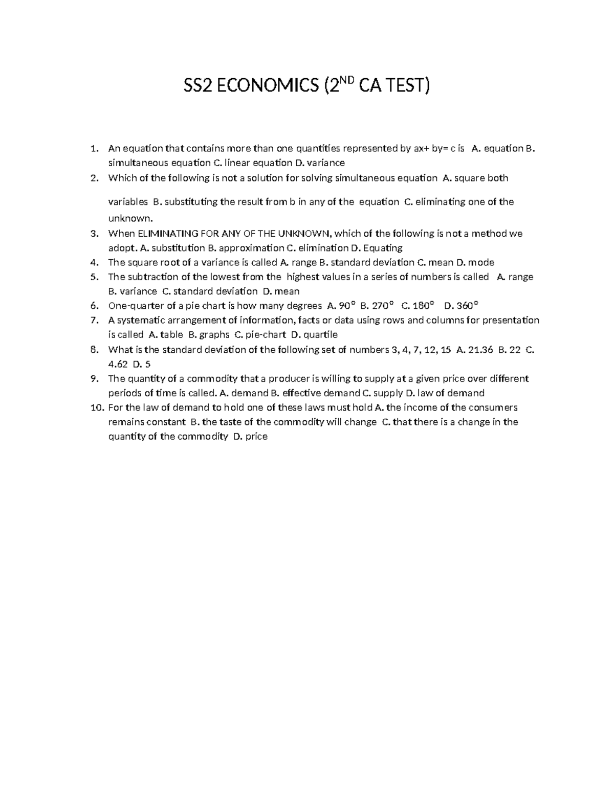 SS2 ECONOMICS (2ND CA TEST) - Multiple Choice Questions - Studocu