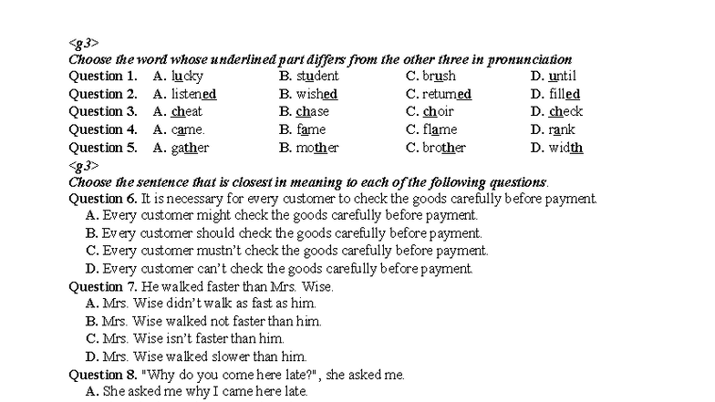 Mã đề 101: Pronunciation and Comprehension Practice Questions - Studocu