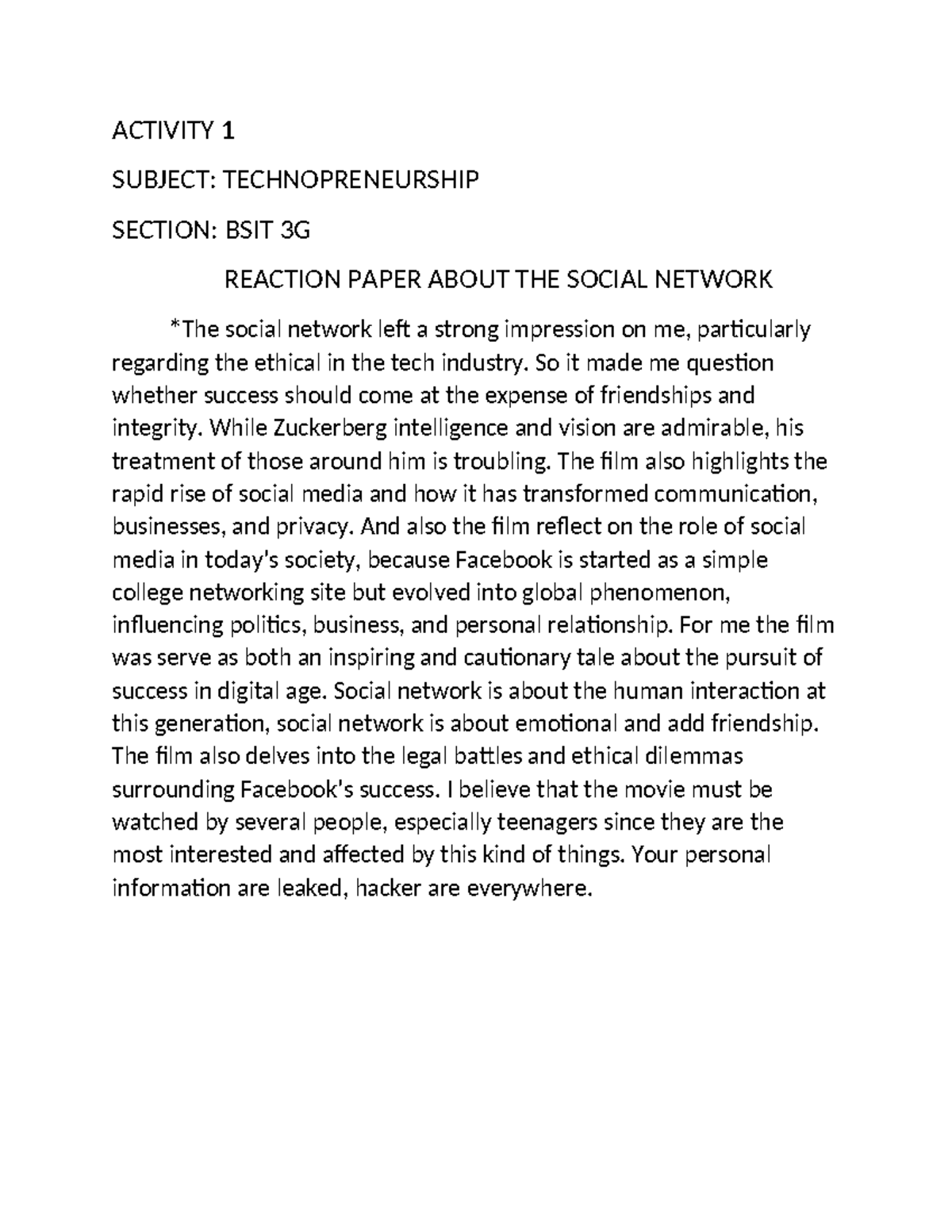 ACTIVITY 1: REACTION PAPER ON THE SOCIAL NETWORK (BSIT 3G) - Studocu