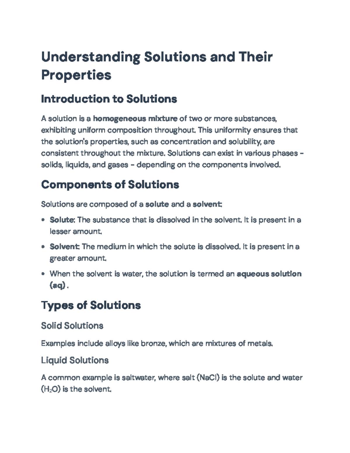 Understanding Solutions and Concentration Calculations in Chemistry ...