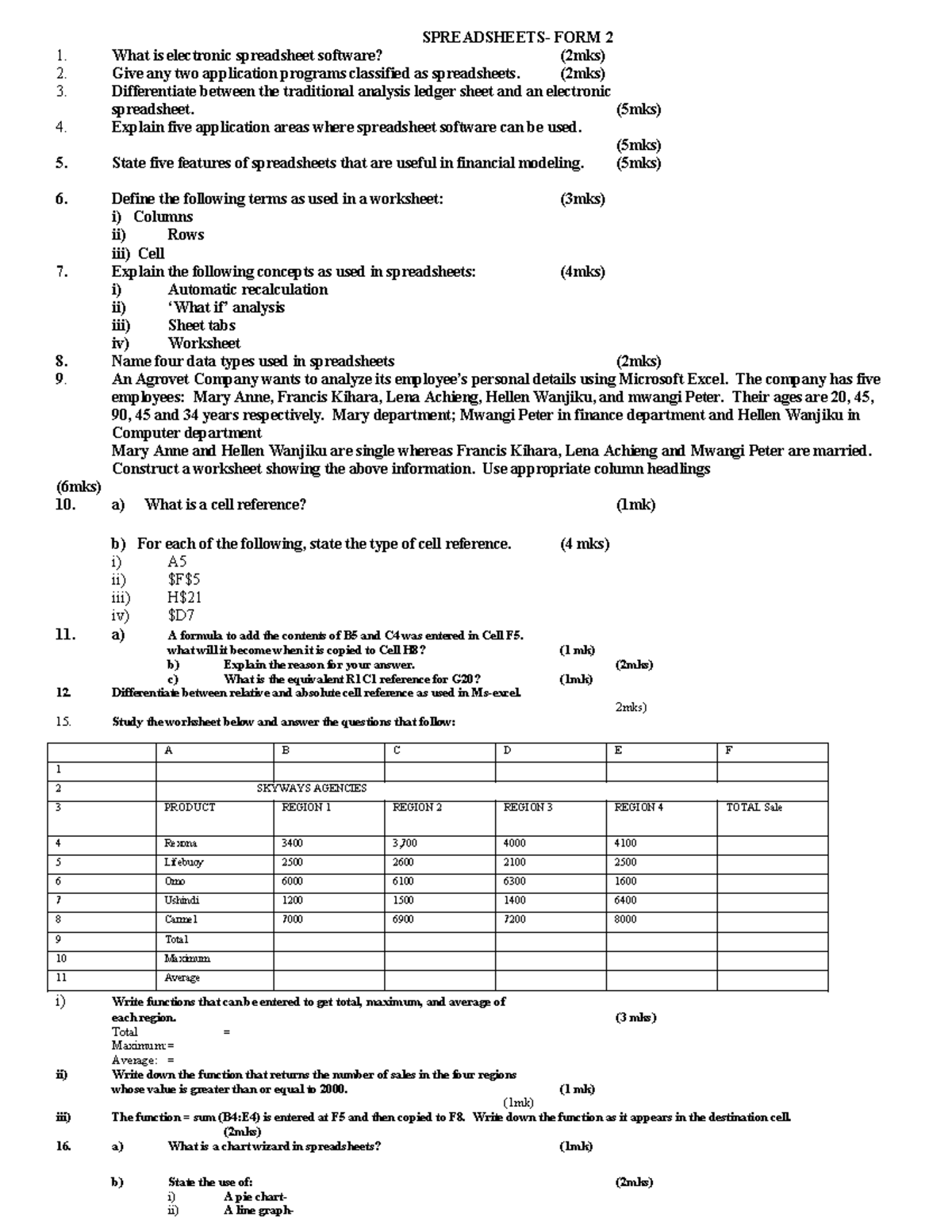 Spreadsheets FORM 2 Questions and Exercises on Electronic Spreadsheet ...