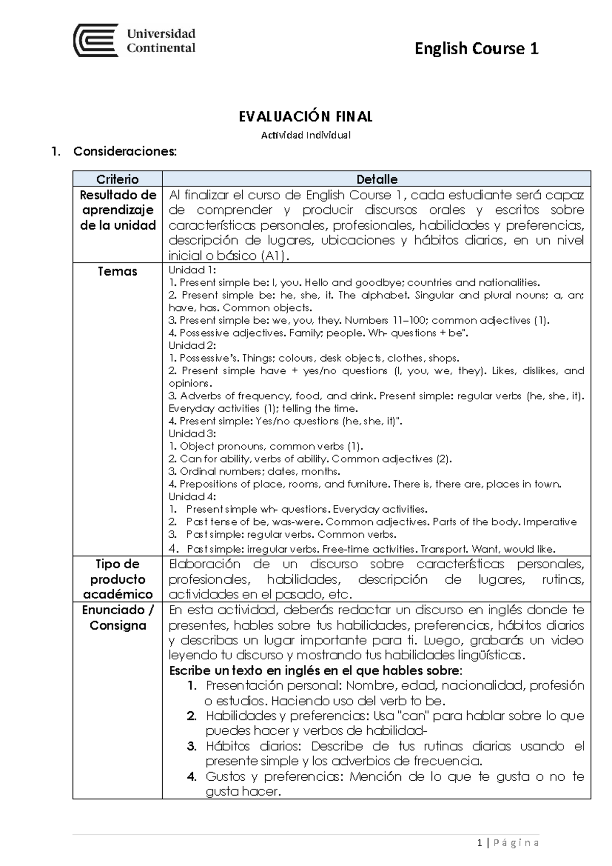 Evaluación Final - English Course 1: Actividad Individual 1 - Studocu