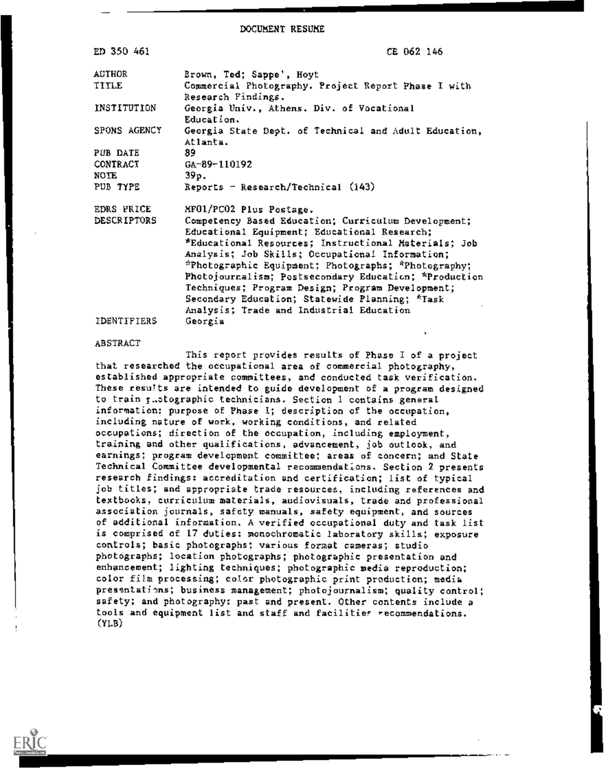 Commercial Photography Project Report Ph - DOCUMENT RESUME ED 350 461 ...