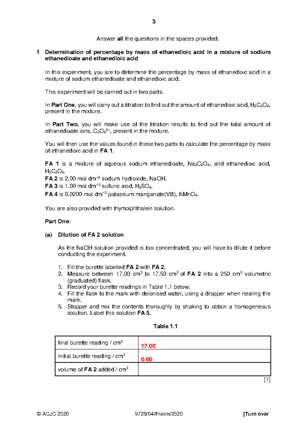 2020 H2 Chemistry P4 Prelim Exam Questions on Ethanedioic Acid Analysis ...