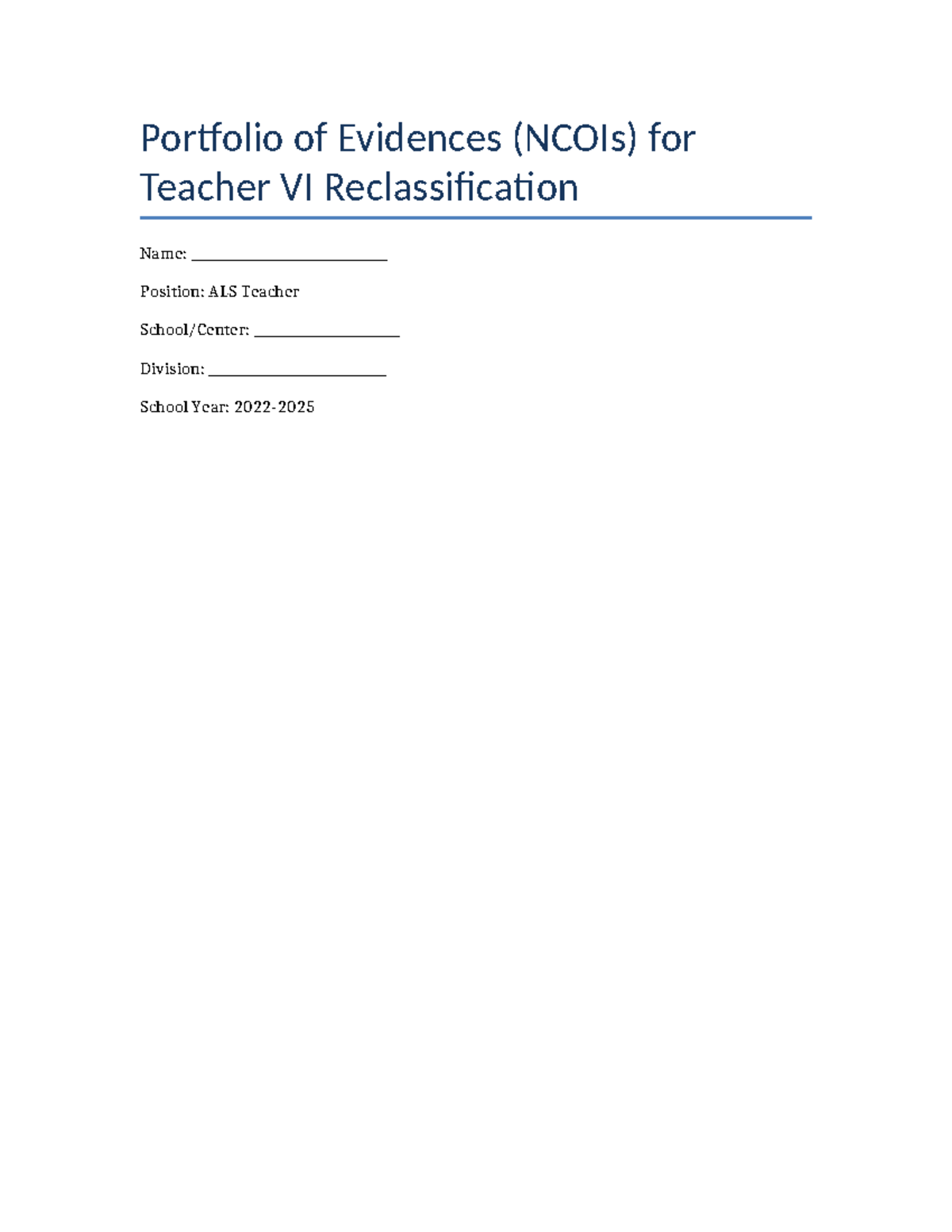 ALS Teacher VI Reclassification Portfolio of Evidences (NCOIs) - Studocu