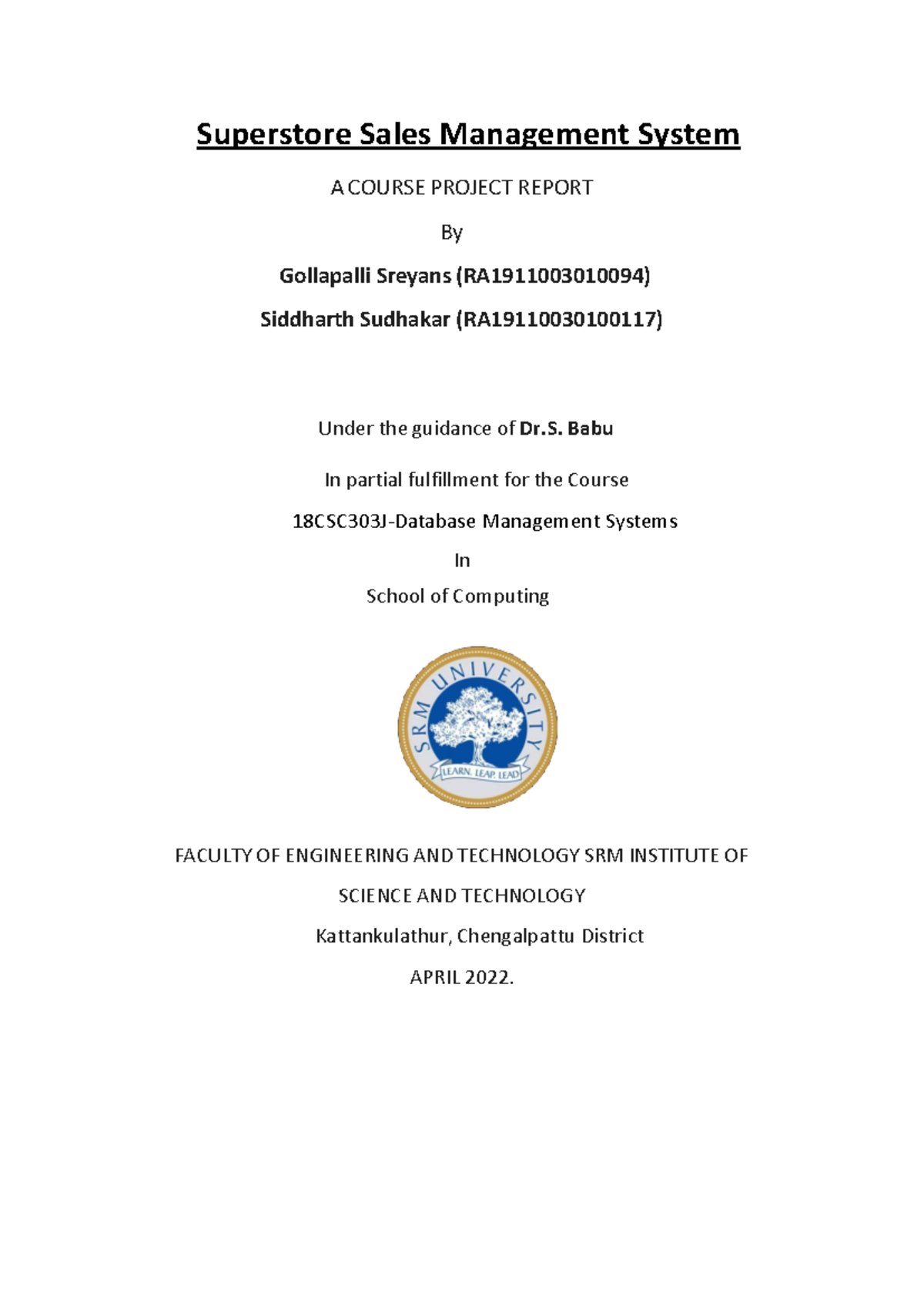 18CSC303J - Superstore Sales Management System Course Project Report ...