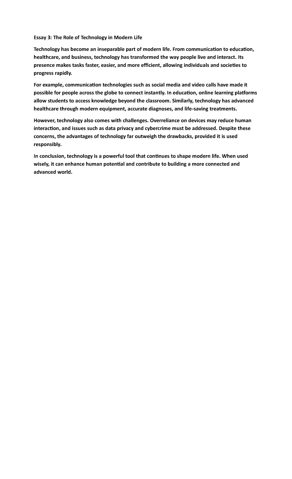 Essay 3: The Impact of Technology on Modern Life - Studocu