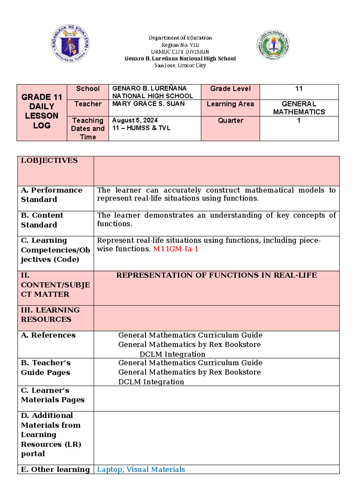 Evaluation of Functions in General Math 11 Daily Lesson Log - Studocu