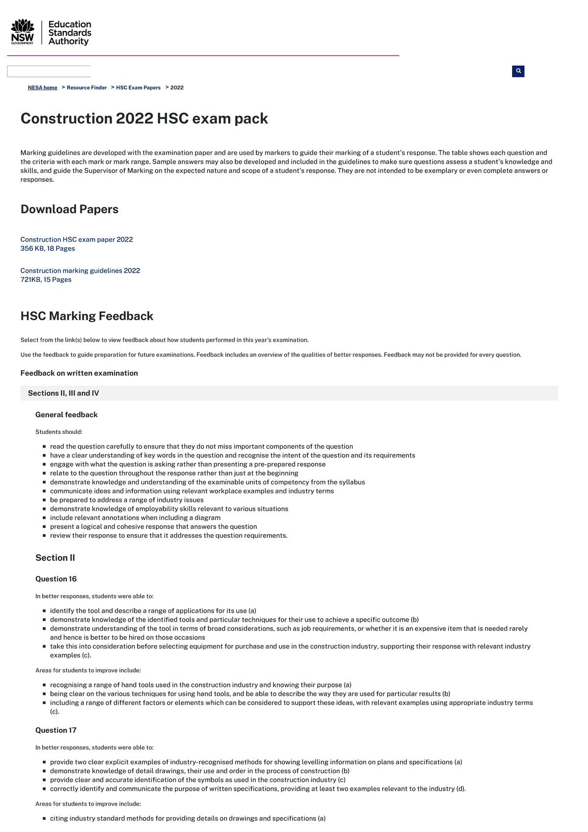 Construction 2022 HSC Exam Pack: Marking Guidelines & Feedback - Studocu