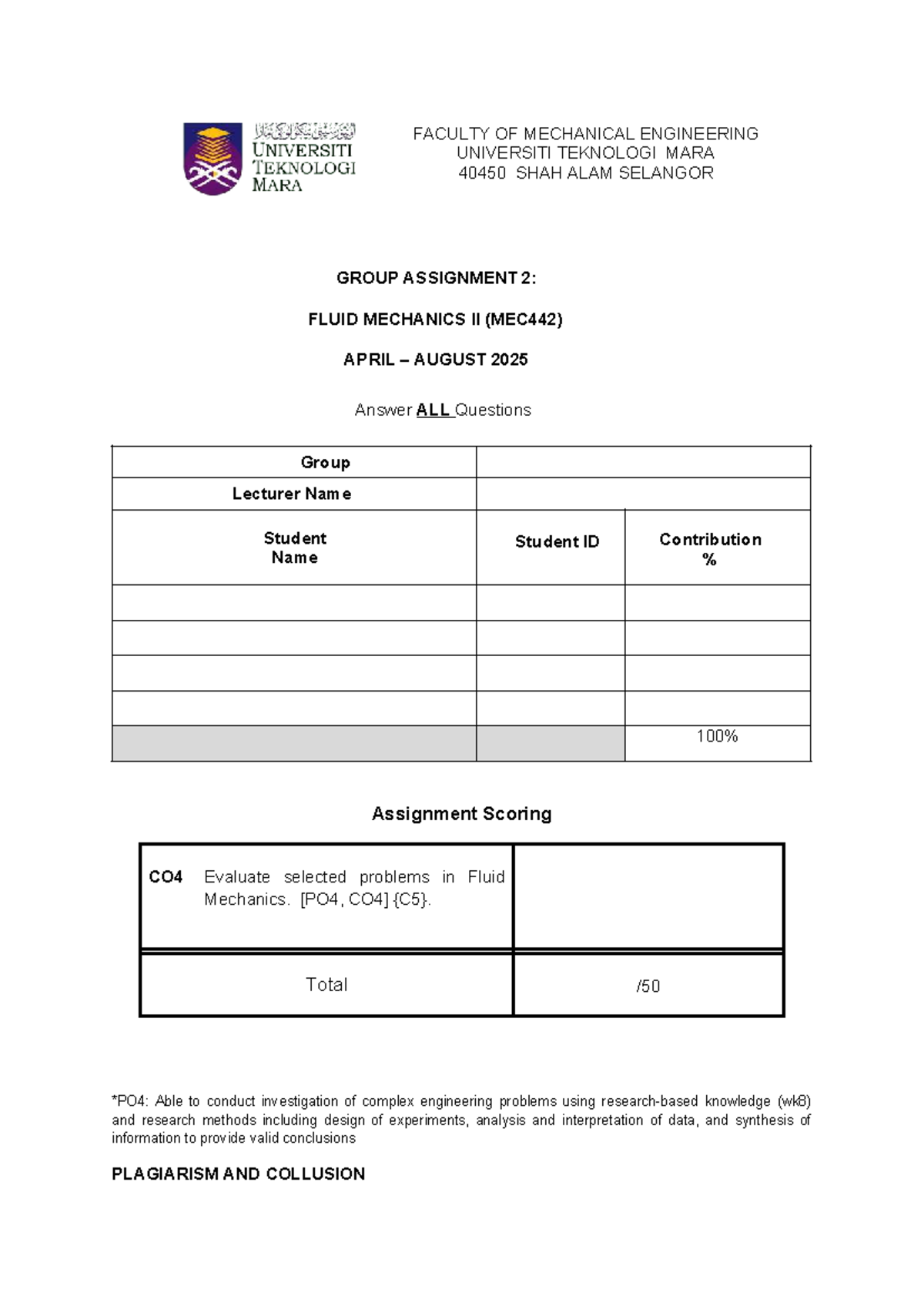 MEC442 Fluid Mechanics II Group Assignment 2 - June 2025 - Studocu